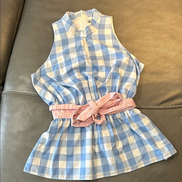 Blue and White Checkered Sleeveless Top with Pink Belt. MADE IN USA. Size 4 - Picture 2 of 7